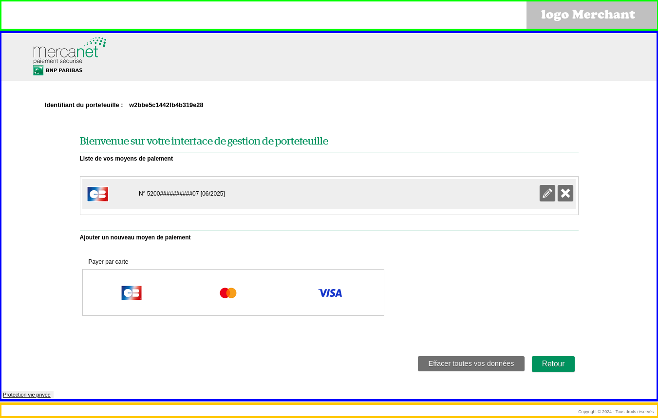 Capture de la page de gestion de wallet avec les emplacements de chaque logo 