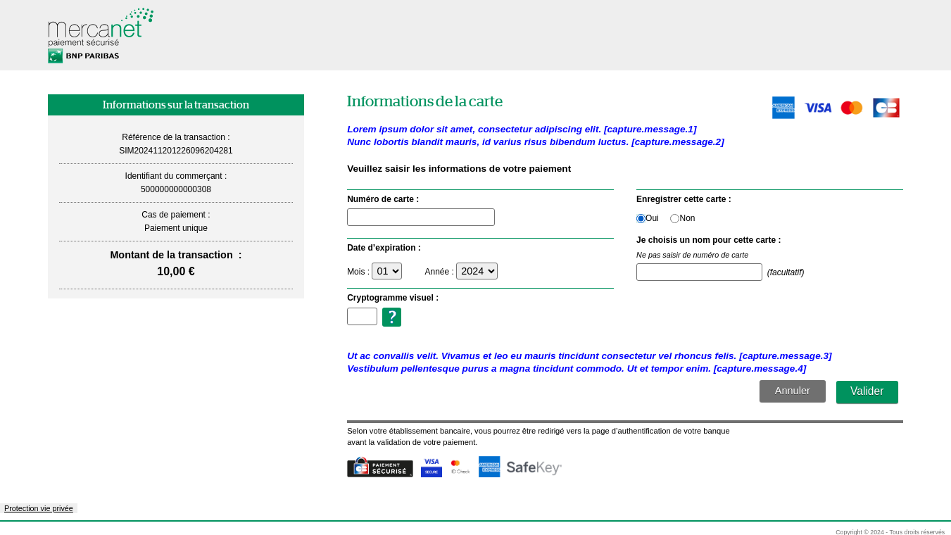 Page de saisie des infos carte avec sauvegarde avec l'emplacement des messages personnalisables 