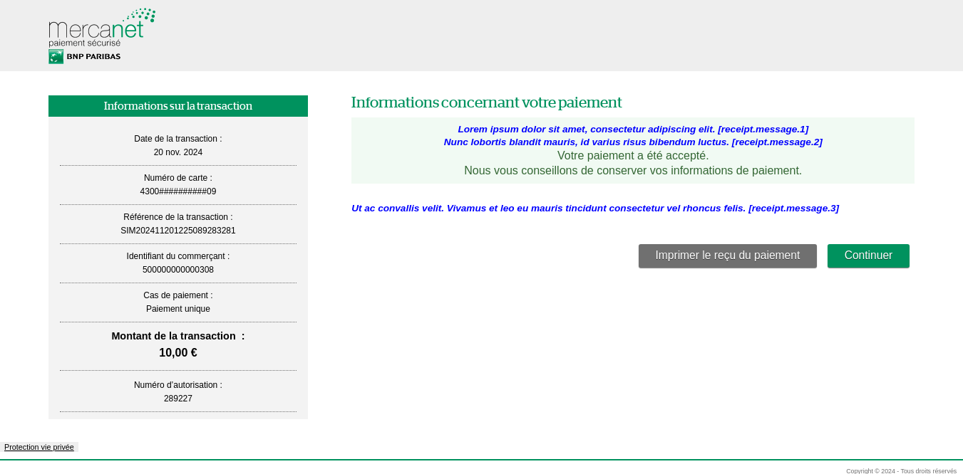 Page de confirmation du paiement avec l'emplacement des messages personnalisables 